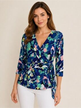 Anne Klein Navy Multi Floral Wrap Blouse